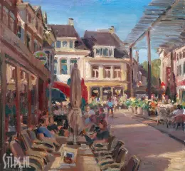 Terras bij zonnige dag, Poeleplein - Hans Versfelt