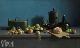 Stilleven met fruit en brood tegen blauw - Henk Helmantel