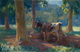 Onder de bomen, koe bij drinkbak- Hans Versfelt