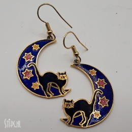 Oorbellen Cloisonné - blauwe maan met zwarte kat