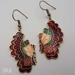 Oorbellen Cloisonné - rood met meerkleurige vlinder