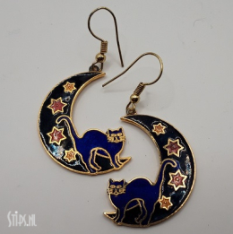 Oorbellen Cloisonné - zwarte maan met blauwe kat