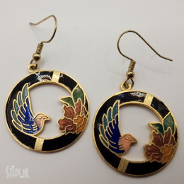 Oorbellen Cloisonné - zwart met vogel