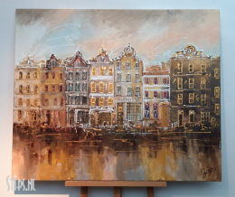 Grachtenpanden in goud en brons - 120 x 100 - Caspar van Houten