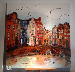 Grachtenpanden met boogbrug 120 x 120 - Caspar van Houten